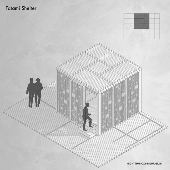 A 3 D perspective drawing of a Tatami shelter displays the layout of a single compartment, with a person walking in and two people outside the compartment.