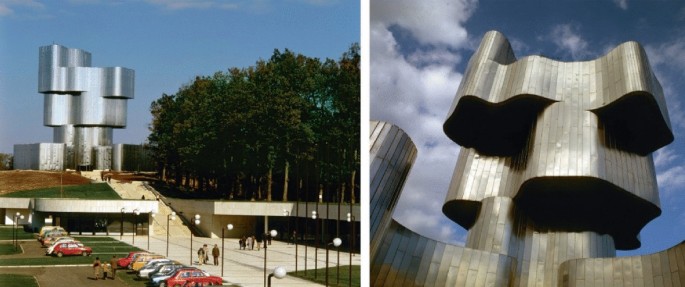 2 photographs of an irregular-shaped building. One has the building from a distance with a parking lot in front filled with cars, a few people, and trees. The other is a close-up of the building with steel panels.