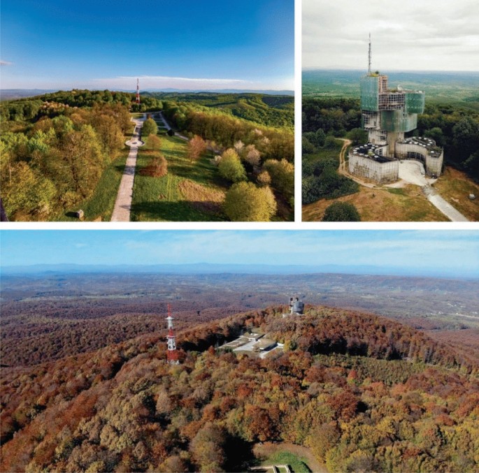 3 photographs. The first one is a photo of a landscape with trees on both sides and a road in the middle leading to a tower. The second is the current condition of the monument. The third is an aerial view of the entire area with the tower, monument, and forest.