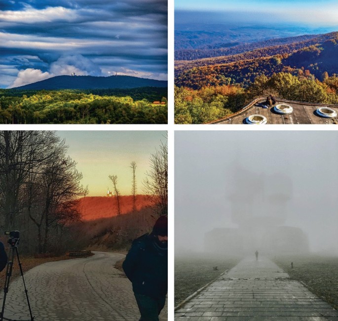 4 photographs. The first one is of a mountain range with the monument in the distance in cloudy weather. The second is an aerial view of the landscape with forest cover in sunny conditions. The third is a portrait view of a road with a man and trees on both sides. Fourth is the monument in fog.
