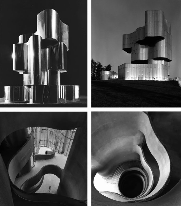 4 photographs. The top 2 are the side views of the building. The bottom 2 is the interior of the monument with spiral staircases.