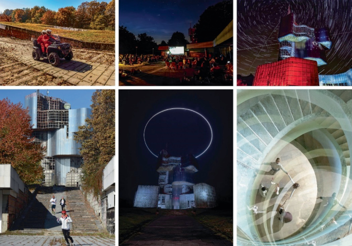 6 photographs. The top 3 are two people on a quad bike, people at an open-air theatre near the monument, and the damaged monument in different colors with image effects. The bottom 3 are people in front of the damaged monument, the monument at night with a halo above, and the spiral staircases.