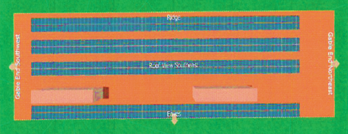 A schematic presents the top view of a building. Four rows of solar panels are labeled ridge at the top, eaves at the bottom, and roof view Southeast at the third. There are 2 structures at the bottom of the panels. The left and right are labeled cable end Southwest and Northeast.