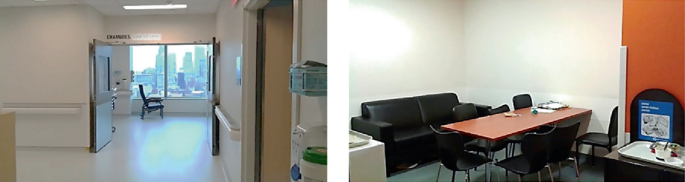 Two photographs. The care unit is on the left and the break room for staff is on the right. The break room has sofa and a table with chairs around it.