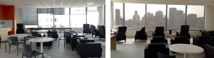 Two photographs of two different views of the outside staff lounge with circular tables, chairs, and sofas.