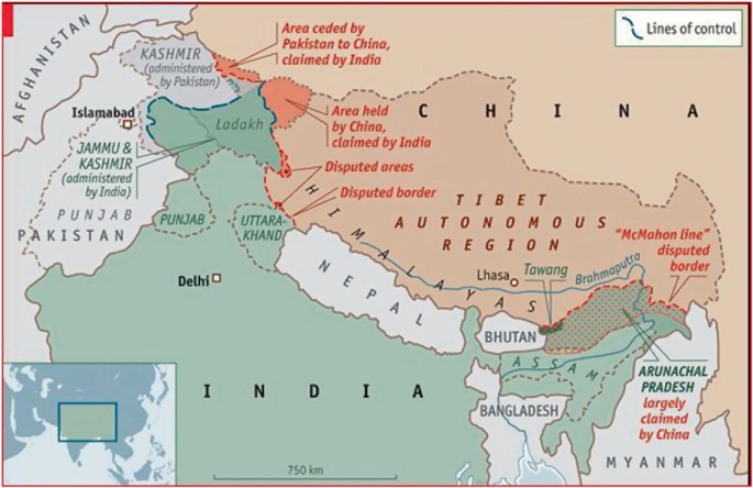 A map of the upper half of India with an inset world map that highlights the East Asian regions. It spots the lines of control at the borders of Kashmir and Ladakh, the Himalayas and Tibet autonomous regions, and Bangladesh.