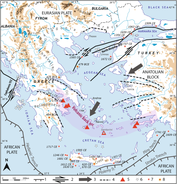 A map of Greece displays the sites of the main tectonic structures and the main historical earthquakes. The volcanic back arc runs through the Cretan Sea from Greece to Turkey.