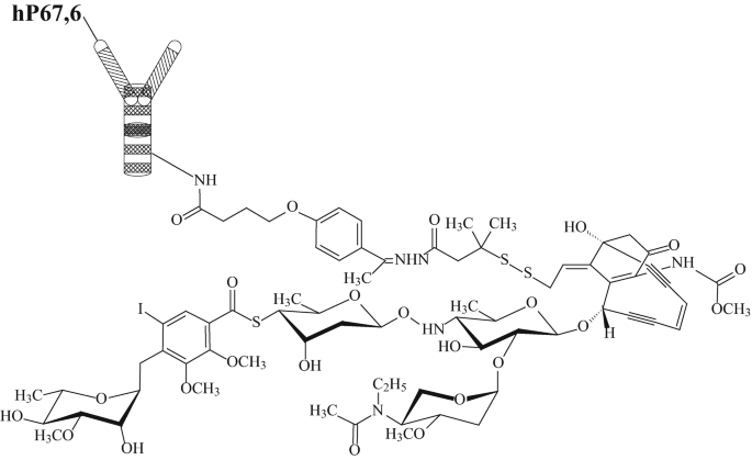 The chemical structure of an anti-C D 33 m A b. The molecule has an h P 67, 6 labeled antibody linked to the N H tail of the molecule. The molecule has multiple aromatic rings and glucose molecules.