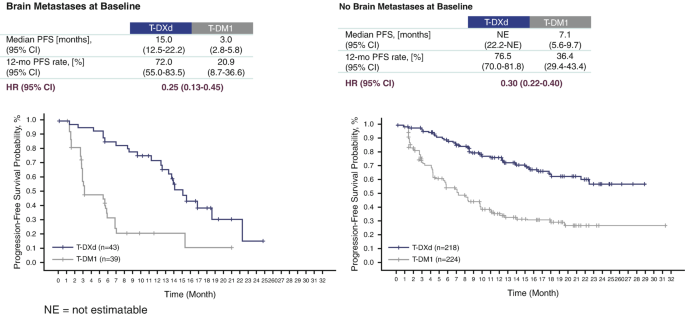 2 line graphs of progression-free survival probability versus time for T D X d and T D M 1 with brain metastases at baseline and without brain metastases at baseline. The plots in all graphs follow negative trends.