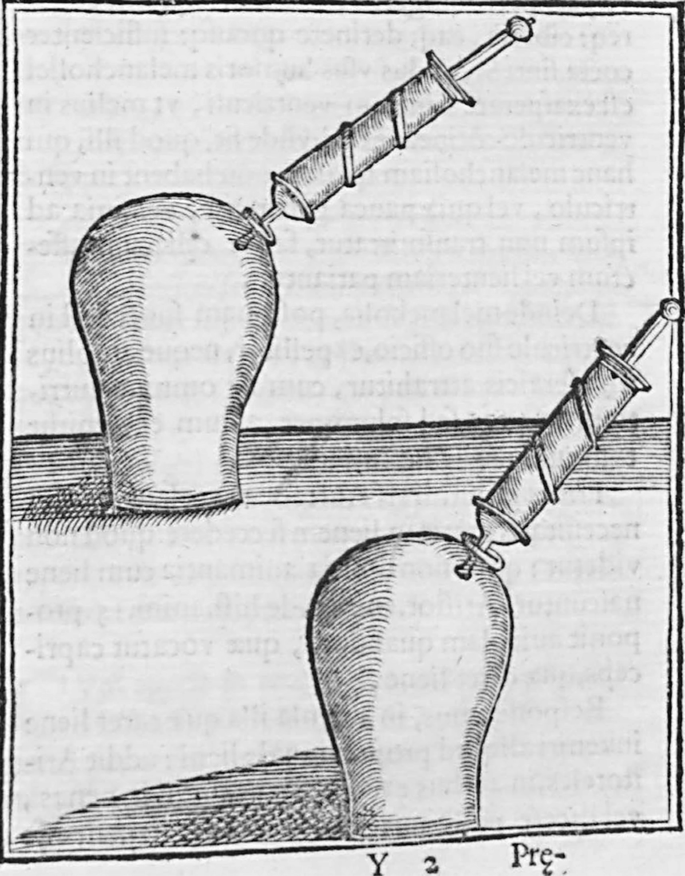 A sketch of bulb-shaped glasses which have a syringe attached to them.