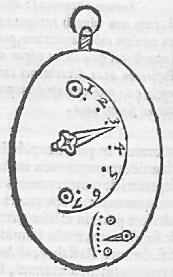 A cut-out of an illustration from a page in a book. It has an oval shaped structure with 2 oppositely aligned semicircular dials, a bigger inverted C-shaped and a small C-shaped, respectively. The former has numbers from 1 to 7 with a dial indicator and the latter has 7 dots and an indicator.