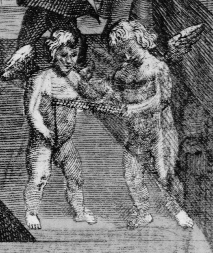 A cut-out of an illustration from a page in a book. 2 naked angels, with human body and a pair of wings, with the pulsilogium. One holds the horizontal beam of the instrument while the other examines it.