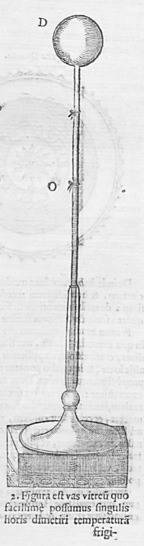 A cut-out of an illustration from a page in a book. It has a solid, raised platform, a circular base from which a tube rises long and tall with a ball at its end. A scale runs for a small height from the base along the pipe. A point O is marked equidistant from the scale's top and the ball.