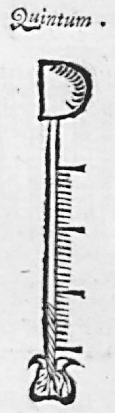 A cut-out of an illustration from a page in a book. It has a base from which a tube rises along and ends in a D-shaped top piece. A graduated scale runs along the length of the tube, ending a short distance below the top piece.