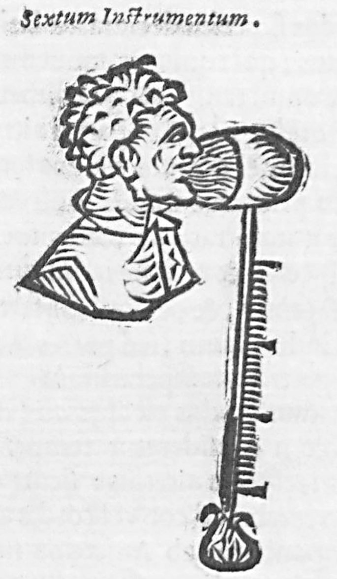 A cut-out of an illustration from a page in a book. A man blows into the D-shaped top piece of a thermometer. A tube extends down from the top piece with a graduated scale running down most of its length, with a base.