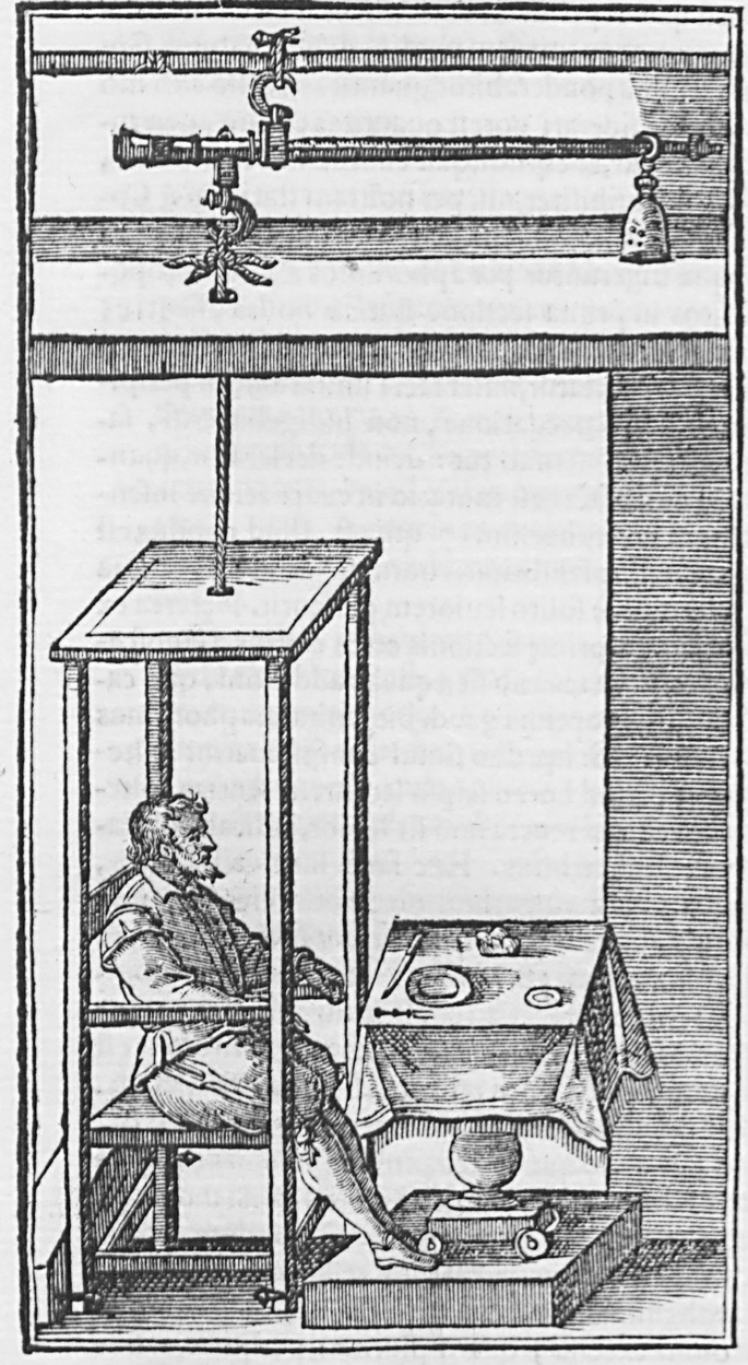 An illustration. The lateral view of a man seated on a bench in an open rectangular cube. A rope runs up through a hole in the center of its top surface, pierces through a ceiling, and connects to 3 horizontal bars, arranged vertically via hooks. A table with food, knife, and fork is set before him.