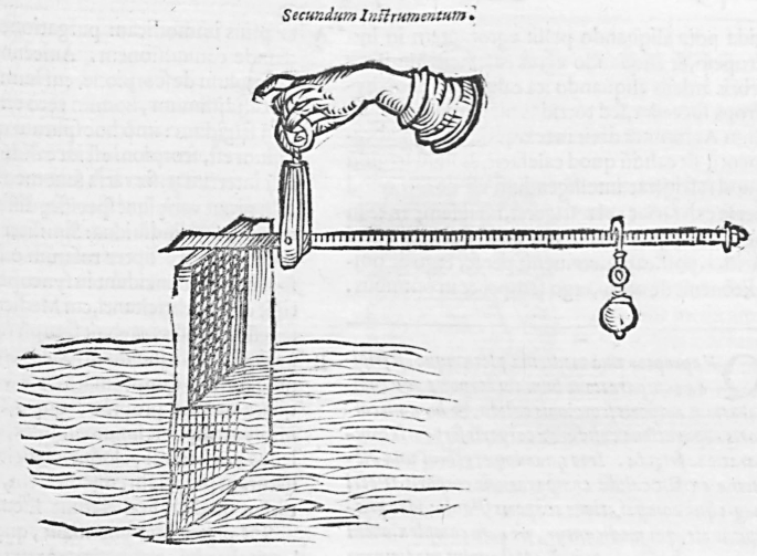 A page from a book presents an illustration. A horizontal bar is placed above water. It has a laterally placed iron plat at the left end half submerged in the water. A hand holds a weight looped through the bar on the left as another one hangs from it on the right.