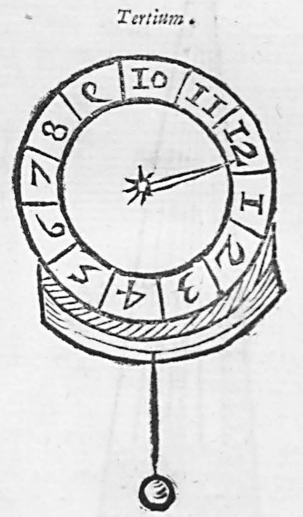 A cut-out of an illustration from a page in a book. A circular dial has the numbers 1 to 12 arranged in it. A thread with a lead ball attached to its bottom hangs from the dial's base.