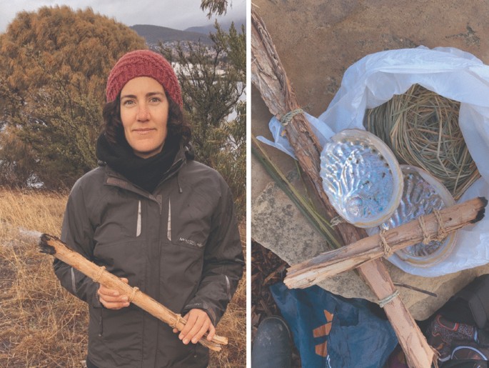 2 photographs. 1. A woman stands holding a firestick. 2. An overhead view of a few firesticks, ovate shells, and some river reeds.