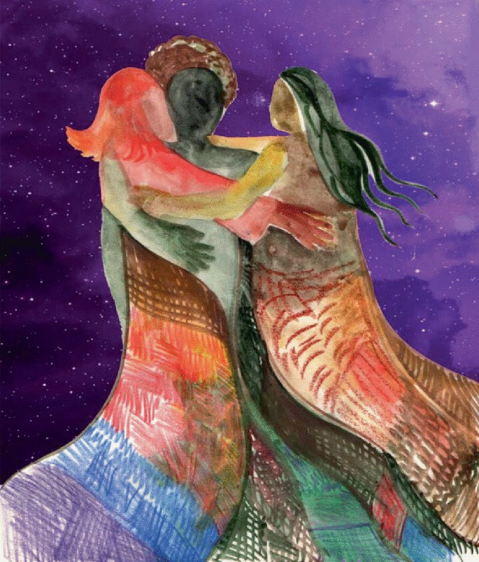 A painting in vivid colors features 3 women hugging each other. They wear multi-colored robes that billow behind them. The night sky covered in stars is in the background.