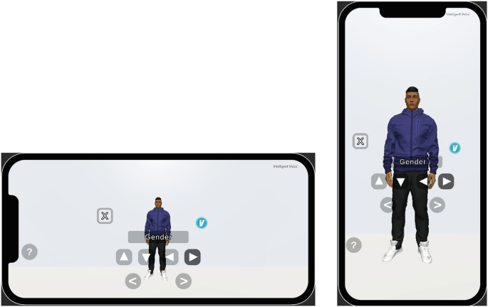 An animation of two cell phones in landscape and portrait mode. The cell phone displays a 3-D avatar with different buttons.