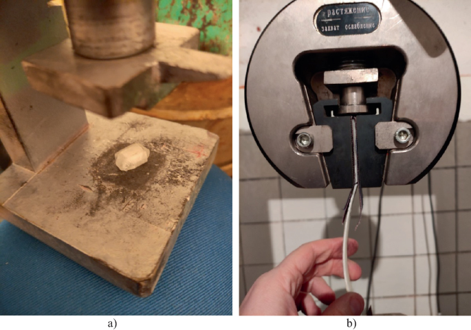 Two photographs, a and b, highlight polymer samples tested for compression and stretching using different testing equipment.