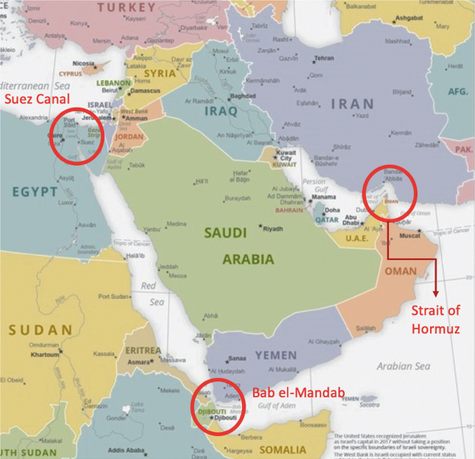 A map of the Middle East highlights the regions of the Suez Canal, Strait of Hormuz, and Bab el-Mandab.