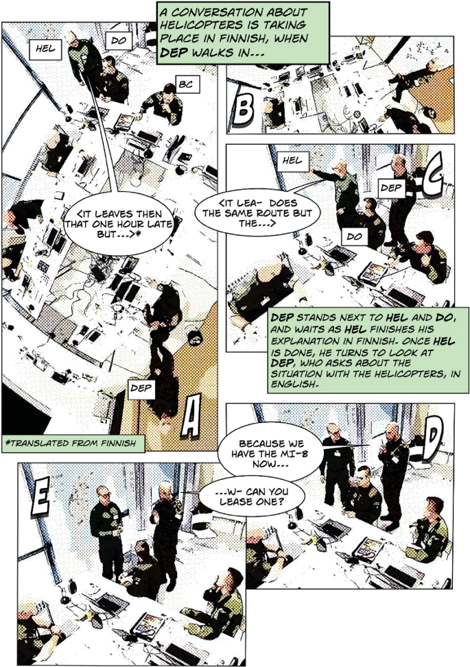 A cartoon illustration. It represents the different personnel and the conversation between the members of the T O C panel. A conversation about helicopters takes place in a foreign language when the deputy general walks in.