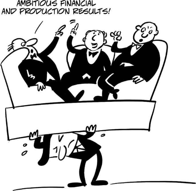 A cartoon illustrates a person lifting a platform. The platform contains 3 people sitting on chairs. A line points to a text above the people sitting on chairs. It reads ambitious financial and production results.