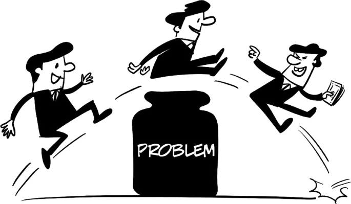 A cartoon illustrates a senior manager running from left to right. The person appears to be jumping over a container titled problem. The container sits in the center while the senior manager jumps over it.