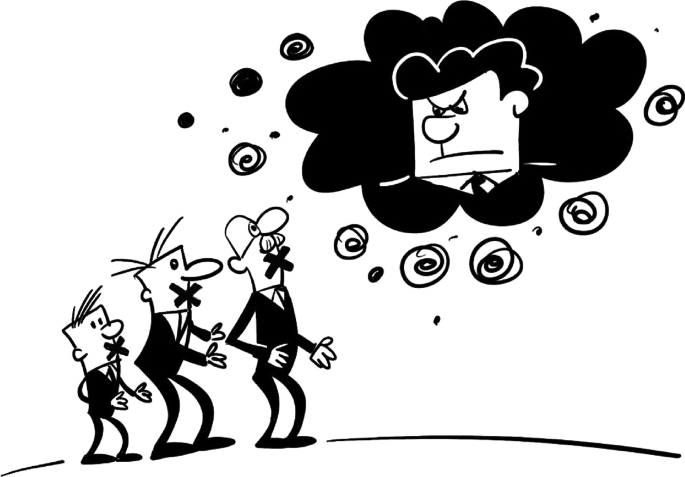 A cartoon illustrates the characters of middle management and junior managers looking upwards into a dark cloud. The individuals appear having cross marks on their mouth. The cloud has an angry face of the senior manager.