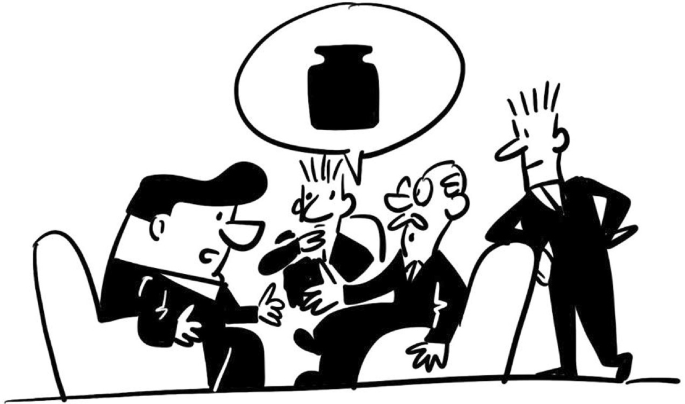 A cartoon. 3 men sit on their chairs and discuss whereas the fourth man rests his hand on a chair. A message icon with a cylindrical shape is placed above a man.