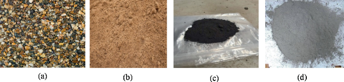 A set of 4 photographs. Photo a has a cluster of gravel. Photo b is sand. Photo c is a dark-colored waste foundry sand placed on a plastic sheet. Photo d is Portland cement as a fine powder in a light shade.