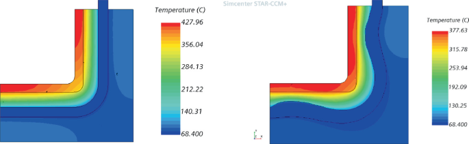 Two heat maps denote the distribution of temperature over the baseline and internal corner cooling design. It depicts high heat toward the cast and a lower temperature toward the outer wall. A gradient scale of temperature denotes the range of temperature in different color shades.