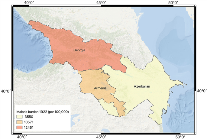 A map of the Caucasus region highlights 3 countries and gives their malaria case densities. Georgia, Armenia, and Azerbaijan have increasing values in order.