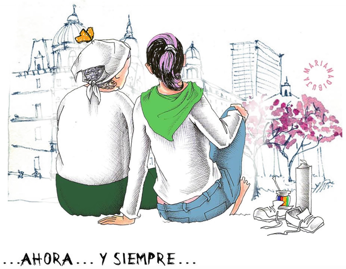 A drawing of 2 women, an old and a young one seated towards a metropolis with large buildings and trees. Both of them are wearing scarves, the old one on the head and the other one around her neck. A text is written in a foreign language.