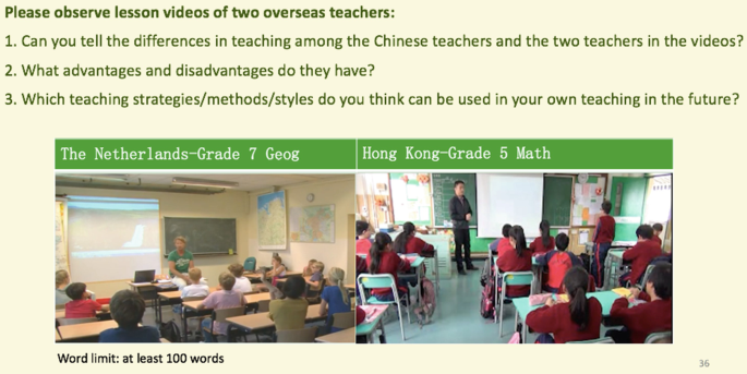 A screenshot for a classroom observation has 2 photos of 2 overseas teachers teaching in their respective classrooms. The activity asks about the differences between the two teaching methods, and their advantages, and disadvantages to be written in at least 100 words.