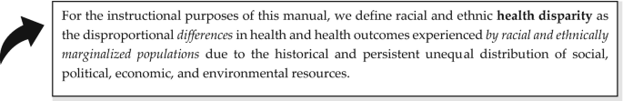 A text box presents a paragraph that defines racial and ethnic health disparities.