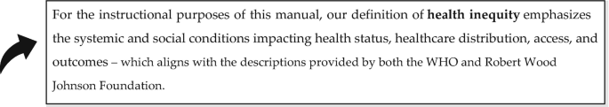 A text box presents a paragraph that defines health inequity.