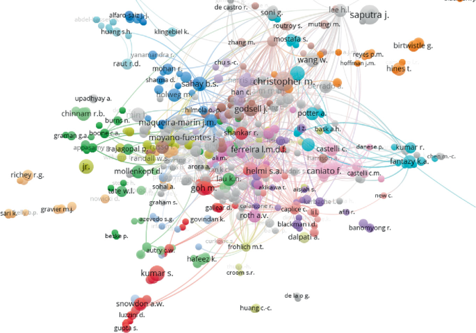 A network visualization map presents the relationship between the most cited authors. Some of the authors are Caniota F, Kumar R, Christopher M, Hafeez K, Kumar S, Croom S R, Godsell J, and Mohan R.