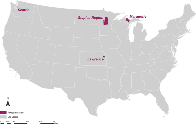 A map of the United States with the locations of Seattle, the Staples region, Marquette, and Lawrence is highlighted.