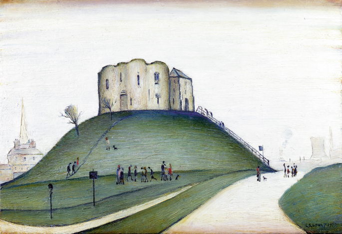 A painting of Clifford&#x2019;s Tower. The tower is on a hill, a narrow path on the hill leads towards it. A staircase is at the right end of the hill. There are few people on the path near the hill at the right.