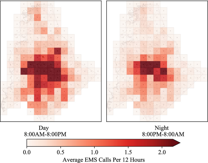 2 heat maps of E M S demand in Charlotte city and surrounding areas during the day and night. A horizontal gradient scale ranging from 0.0 to 2.0 represents average E M S calls per 12 hours. The central region has the highest number of calls, with higher demand during the day compared to the night.