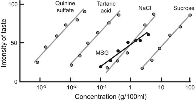 A graph plots intensity of taste versus concentration in grams per 100 milliliter. The values for quinine, tartaric acid, sodium chloride, and sucrose show a uniform backward slanting line. The value for M S G also shows a backward slanting line which is more bent than the other and falls between 10 superscript minus 1 and 1.