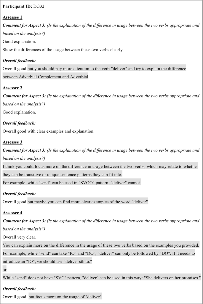 A screenshot of the page of participant I D D G 32 from course R S. It has comments for aspects 3 and overall feedback for 4 assesses. Some text is highlighted.