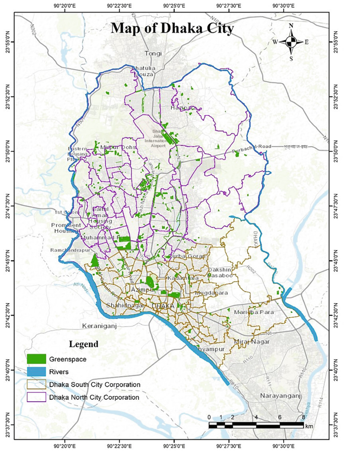 A map of Dhaka city marks the region of greenspace, rivers, Dhaka south city corporation, and Dhaka north city corporation.