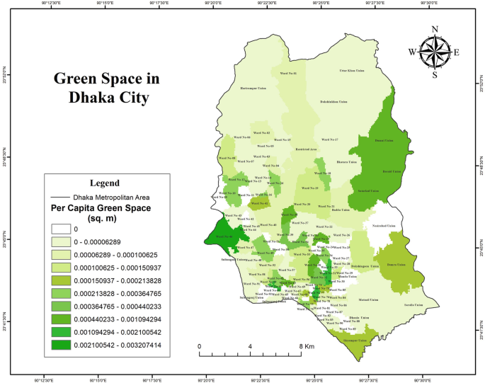 A map of green space in Dhaka city. The regions are marked based on the intensity of green space in the Dhaka metropolitan area.