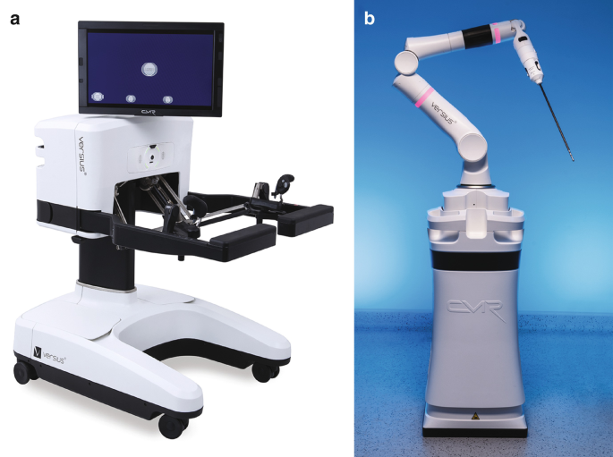 2 photographs. On the left is a C M R Versius system console. It has joystick controllers with cameras and a monitor. On the right is Versius system operating units. It has a large arm with a long needle.