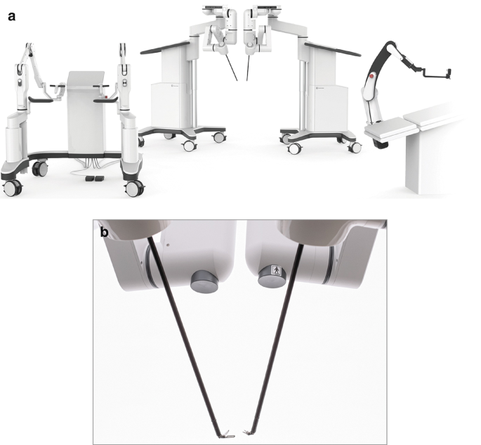 2 photographs. A has a Dexter robotic system. It consists of a seated or standing open console, with a single-foot pedal controller. B has 2 independent cart-mounted robotic arms with a long needle.
