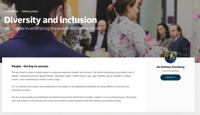 A window of Tieto E V R Y sustainability page contained the name and portrait of a person relevant to the subject, such as a head of Sustainability with people key to success.